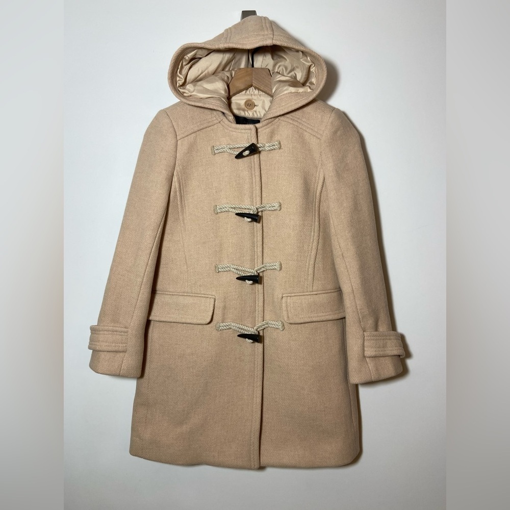 $350-J.Crew the 2007 Italian stadium-cloth wool toggle Hood coat BEIGE Sz 0P